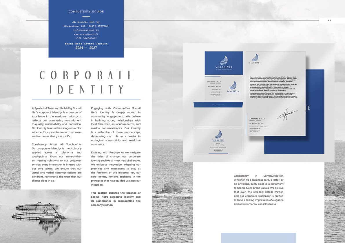 ScandiNet visual identity guidelines showing blue and white stationery and brand imagery